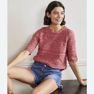 Boden Claudia Knitted Top US 12 100% Cotton Crochet Knit Dusty Rose Womens